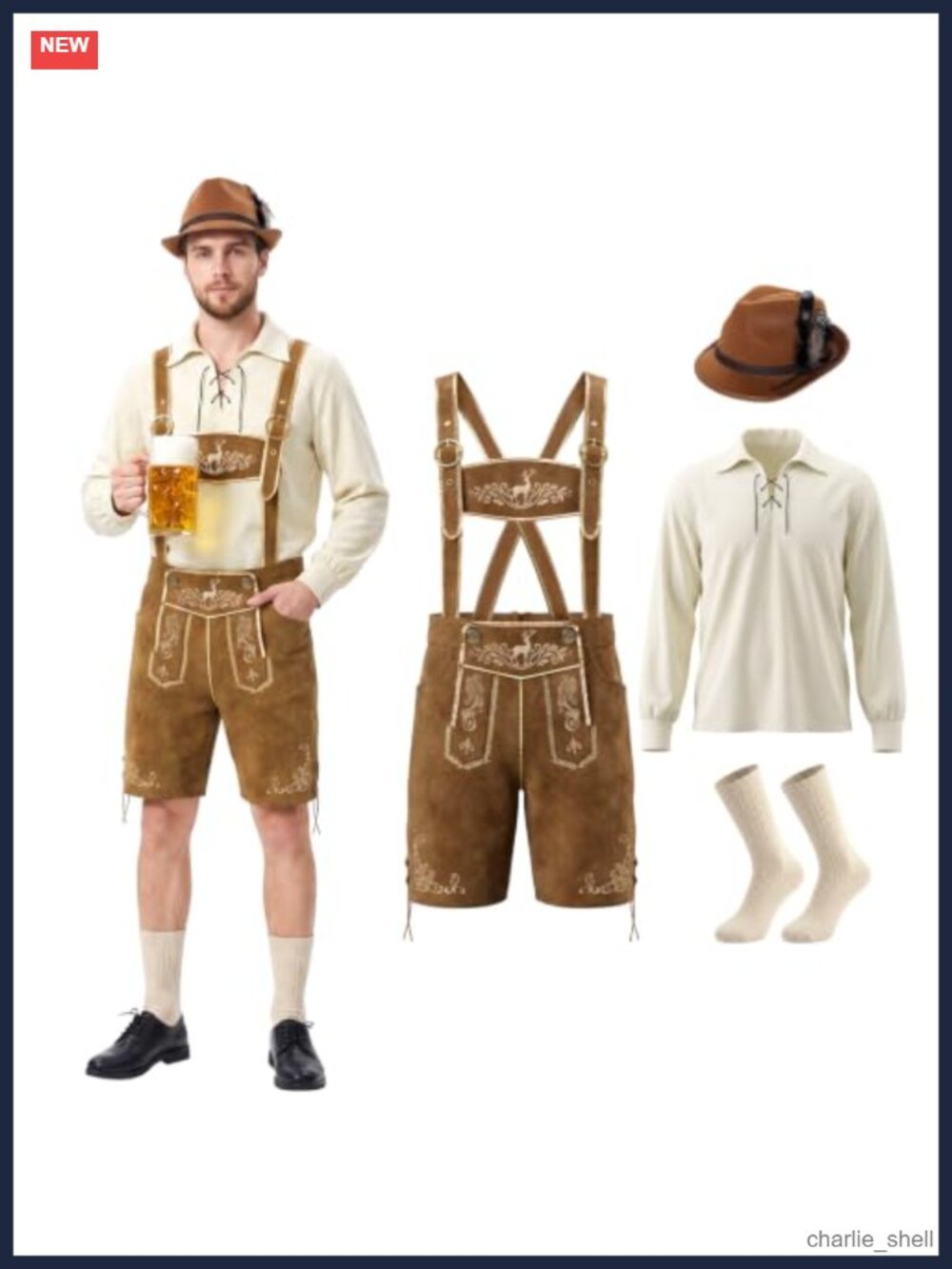 Mens Lederhosen Oktoberfest Costume Set Polyester Shirt Socks Hat